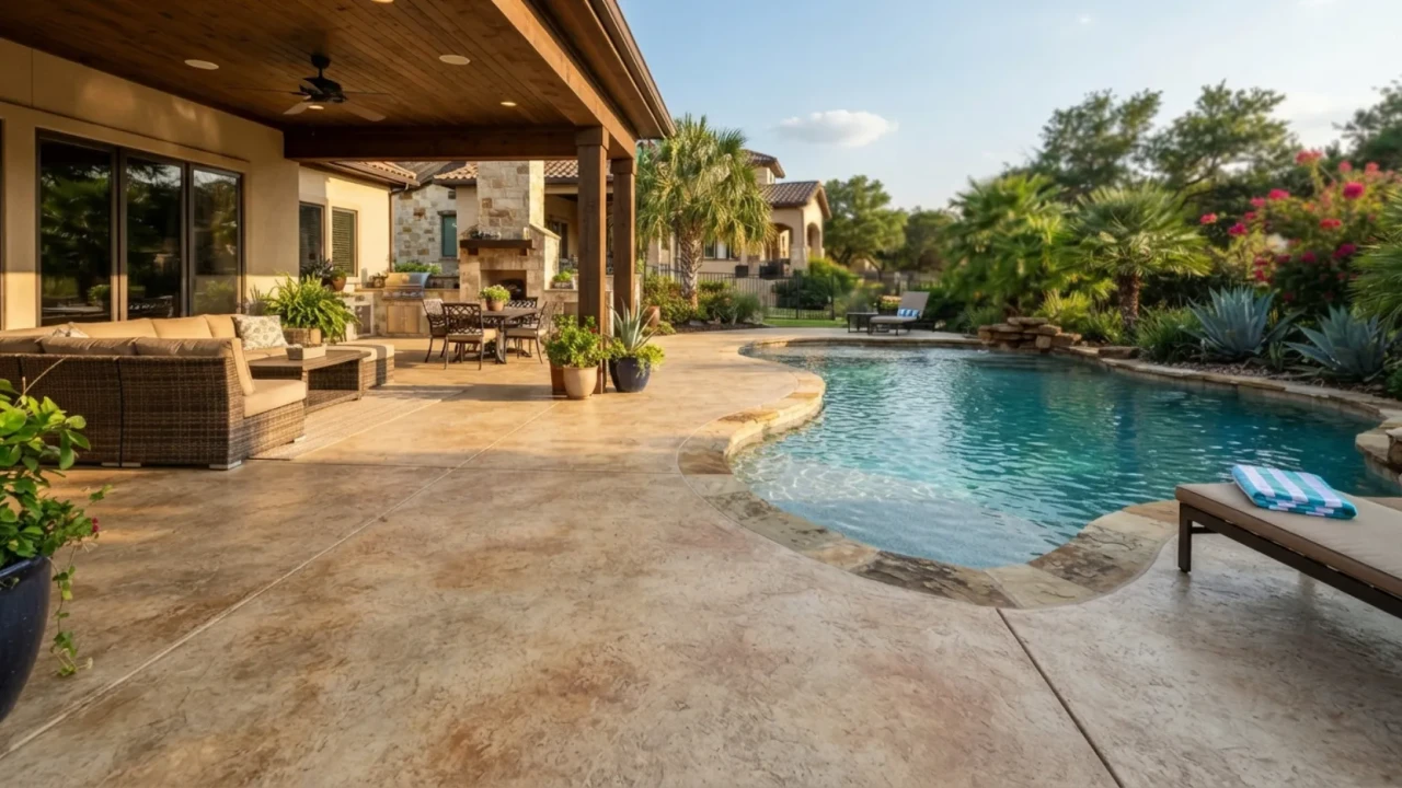 Micro-topping stained concrete pool deck covered patio San Antonio