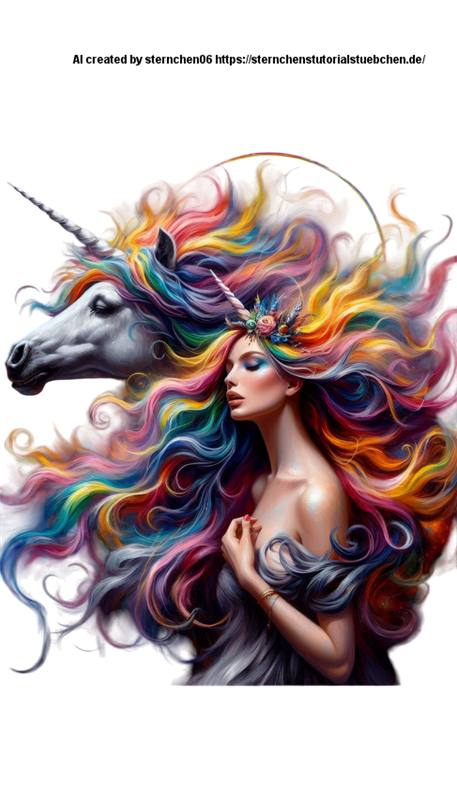 _woman with a unicorn horn and colorful hair, full body, painting (1)-Photoroom