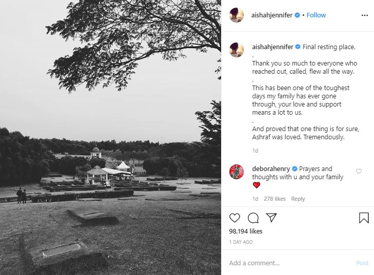 Adik AShraf Sinclair, Aishah Jennifer Sinclair mengucapkan terima kasih kepada semua oihak yang telah mendoakan mendiang kakaknya itu.