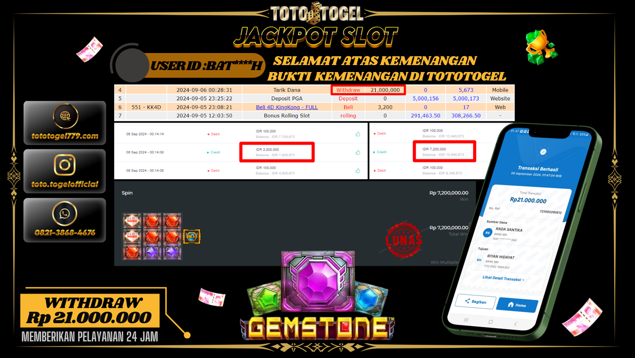 Bukti Kemenangan Permainan Slot Mania Gemstone Dengan ID :BAT****H  Terbayar Lunas!!
