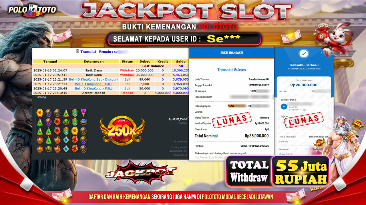 POLOTOTO JACKPOT SLOT GATES OF OLYMPUS 1000 Rp.55,000.000,-