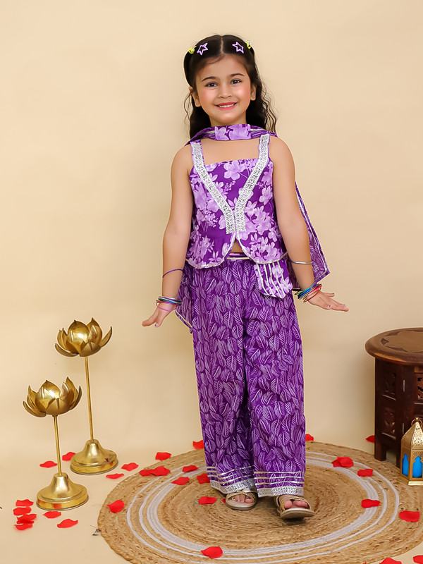 Kids Girls Party Wear Dress Floral Printed Girls Co-Ords Top Bottom Dupatta Set - Picture 9 of 18