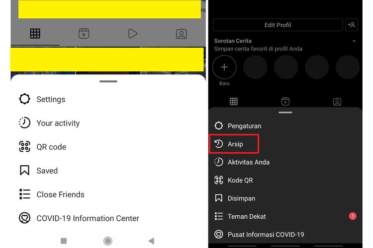 Perbandingan tampilan fitur Arsip Instagram yang hilang di aplikasi versi 221.0.0.16.118 (kiri). Sementara pengguna aplikasi versi lain, masih menemukan fitur tersebut seperti biasa (kanan).