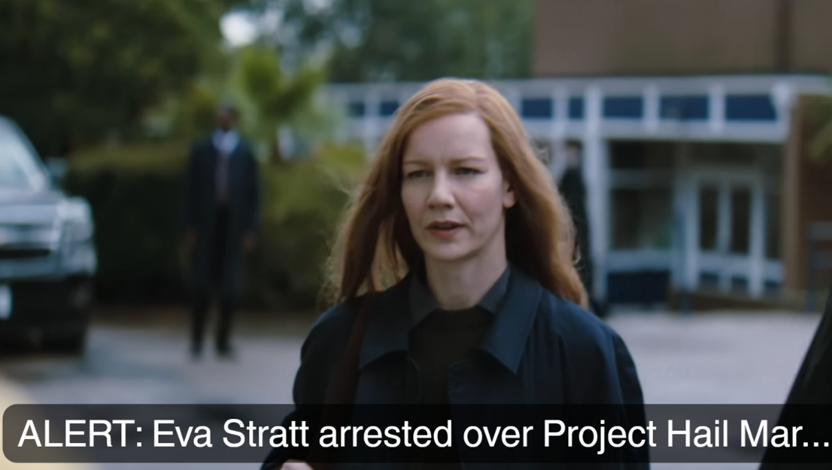 an image of eva stratt from the movie with the text 'ALERT: Eva Stratt arrested over Project Hail Mary...'