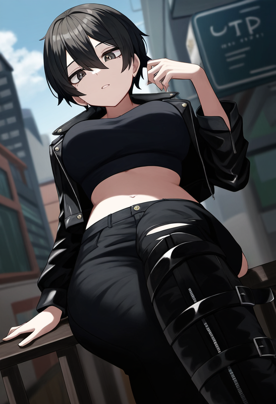 depth of field, 1girl, [[tall]], large breasts, short hair, black hair, black le s-2460953975