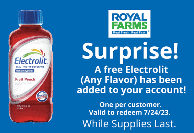 Score a Free Electrolit at Royal Farms with App Offer Score a Free Electrolit at Royal Farms with App Offer