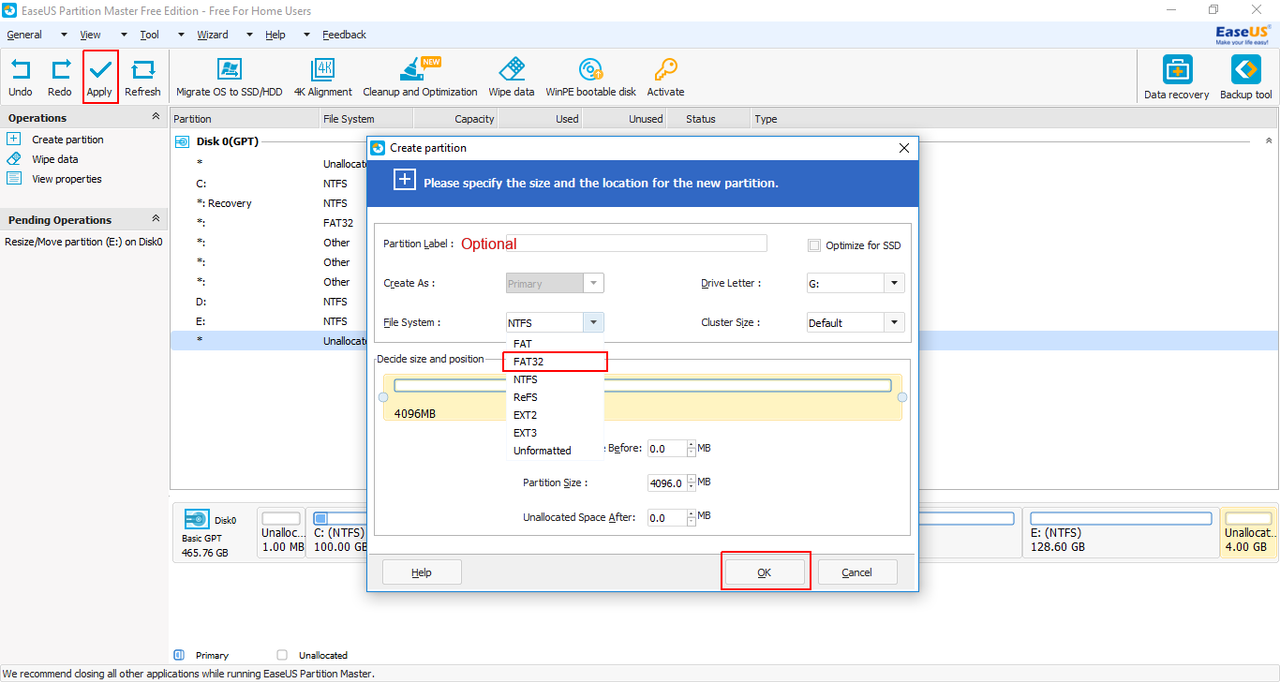 EaseUS Partition Master Free  - new partition creation