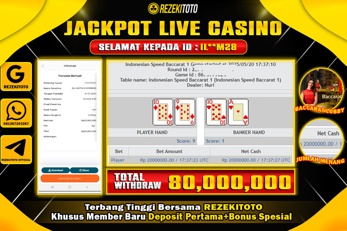 BUKTI KEMENANGAN 21 MAY 2025 LIVE CASINO : BACCARAT WD 80 JUTA 