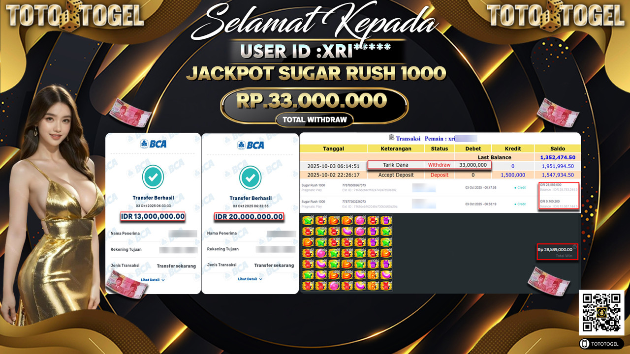 Bukti Pembayaran Jackpot Permainan Slot Sugar Rush 1000 ID:XRI*** LUNAS