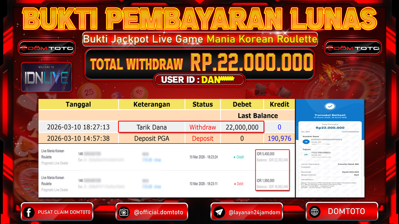 JACKPOT LIVEGAME Live Mania Korean Roulette Pragmatic Live Dealer 10 MARET 2026