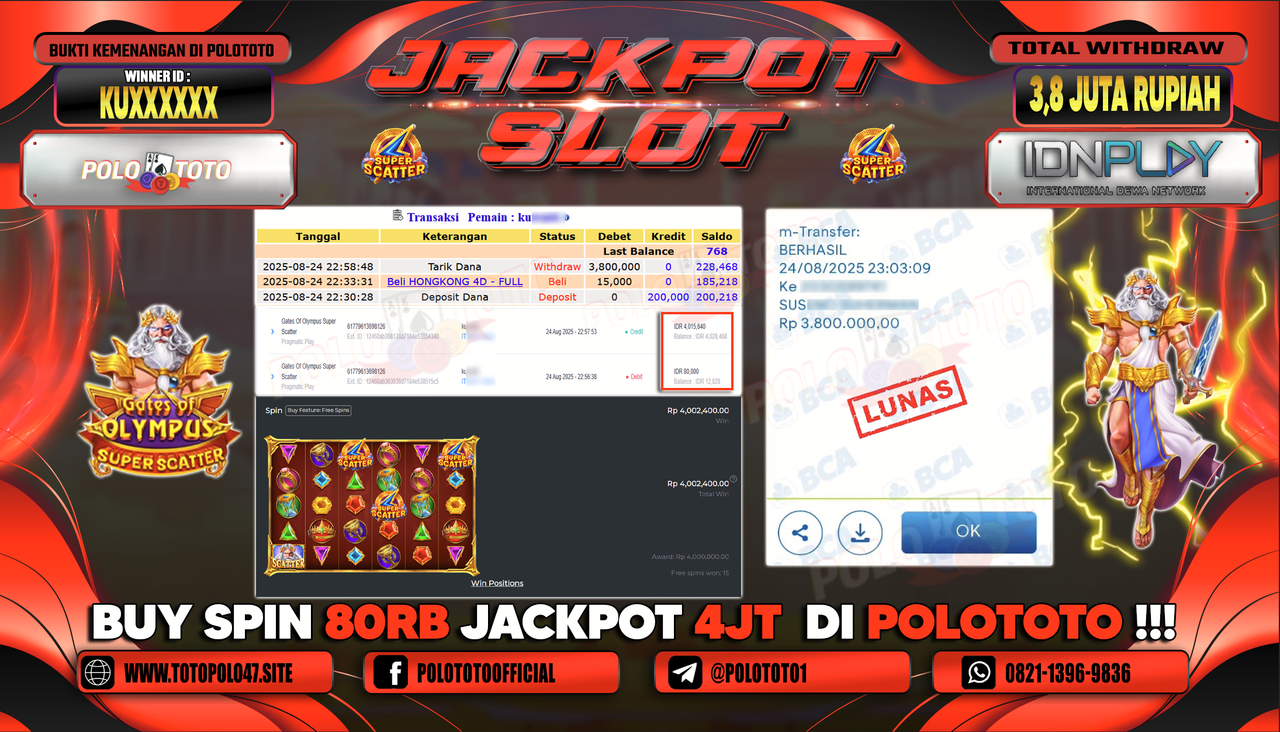 POLOTOTO JACKPOT SLOT GATES OF OLYMPUS SUPER SCATTER Rp.3.800.000,-