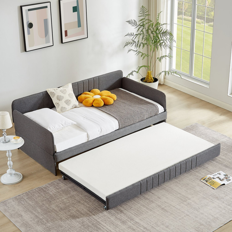 Grey Iron Daybed with Trundle, Twin Size, Space-Saving Design