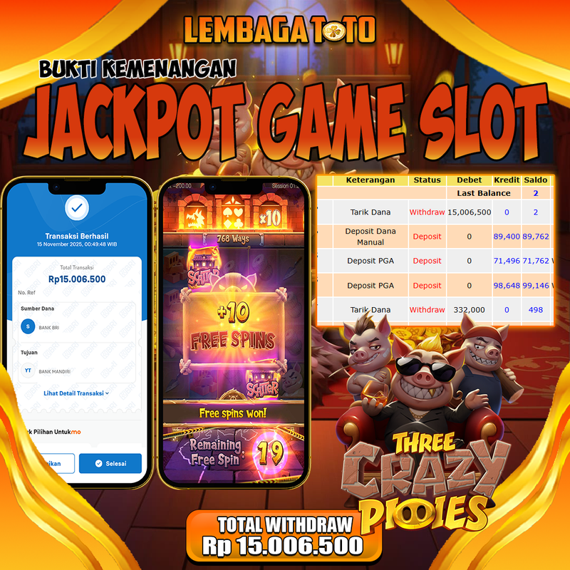 BUKTI JACKPOT 16 NOVEMBER LEMBAGATOTO THREE CRAZY PIQIES Rp.15.006.500,- LUNAS