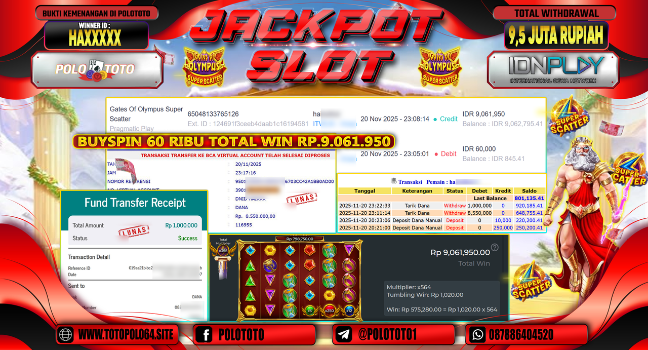 POLOTOTO JACKPOT SLOT GATES OF OLYMPUS SUPER SCATTER Rp.9.500.000,- LUNAS