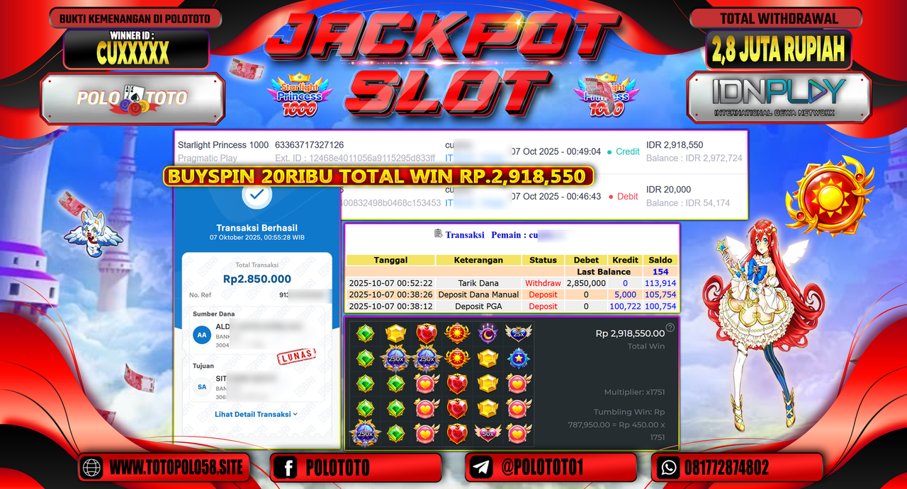 POLOTOTO JACKPOT SLOT STARLIGHT PRINCESS 1000 Rp.2.800.000,- LUNAS