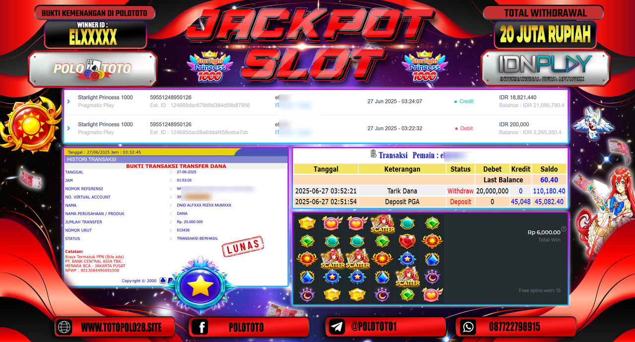 POLOTOTO JACKPOT SLOT STARLIGHT PRINCESS 1000 Rp.20.000.000,-