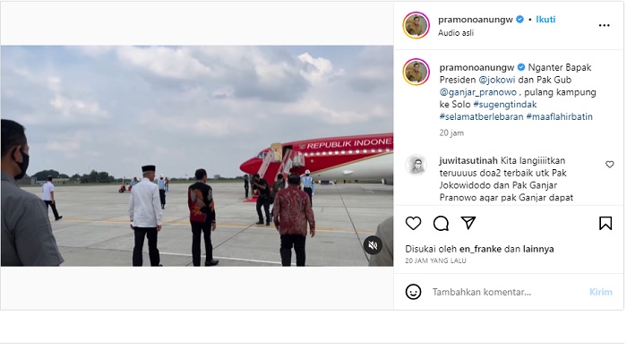 Momen Ganjar Pranowo naik pesawat kepresidenan dibagikan oleh Sekretaris Kabinet yakni Pramono Anung melalui akun Instagramnya pada Jumat (21/4/2023).