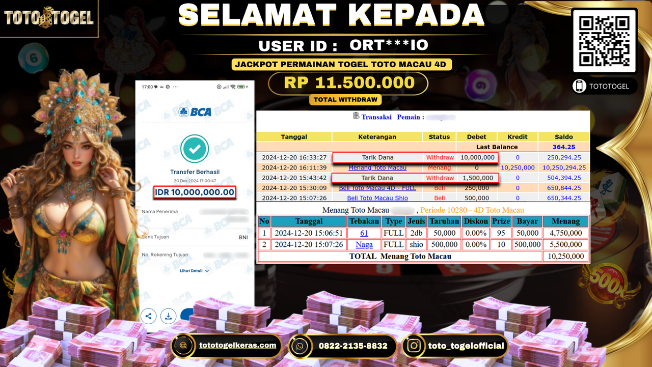 Bukti Pembayaran Jackpot Permainan Togel Toto Macau 4D ID: ORT***IO LUNAS