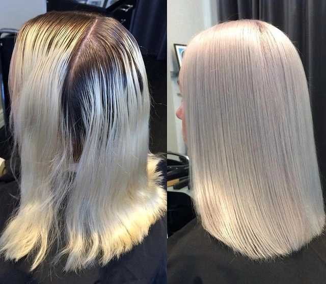 Gray black hair dyed platinum blonde