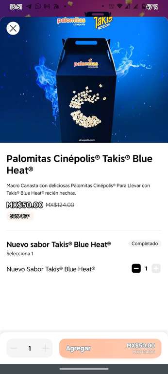 DiDi Food: Palomitas Takis Blue Heat Para llevar Cinépolis $50 
