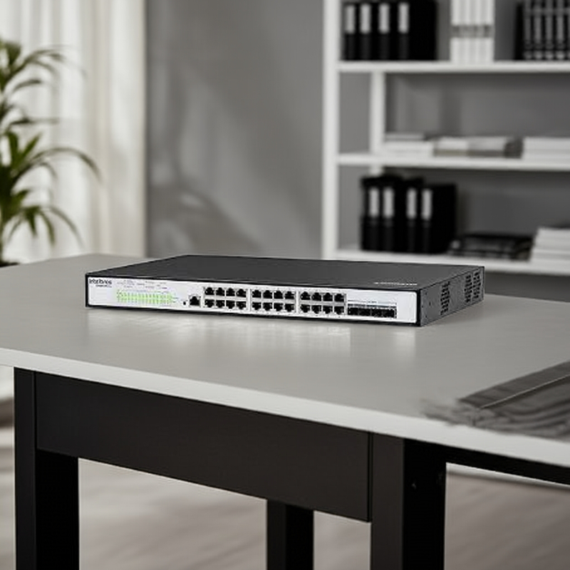 Vista superior do Switch Intelbras S3028G-PB Lite, destacando o design para rack e as entradas.