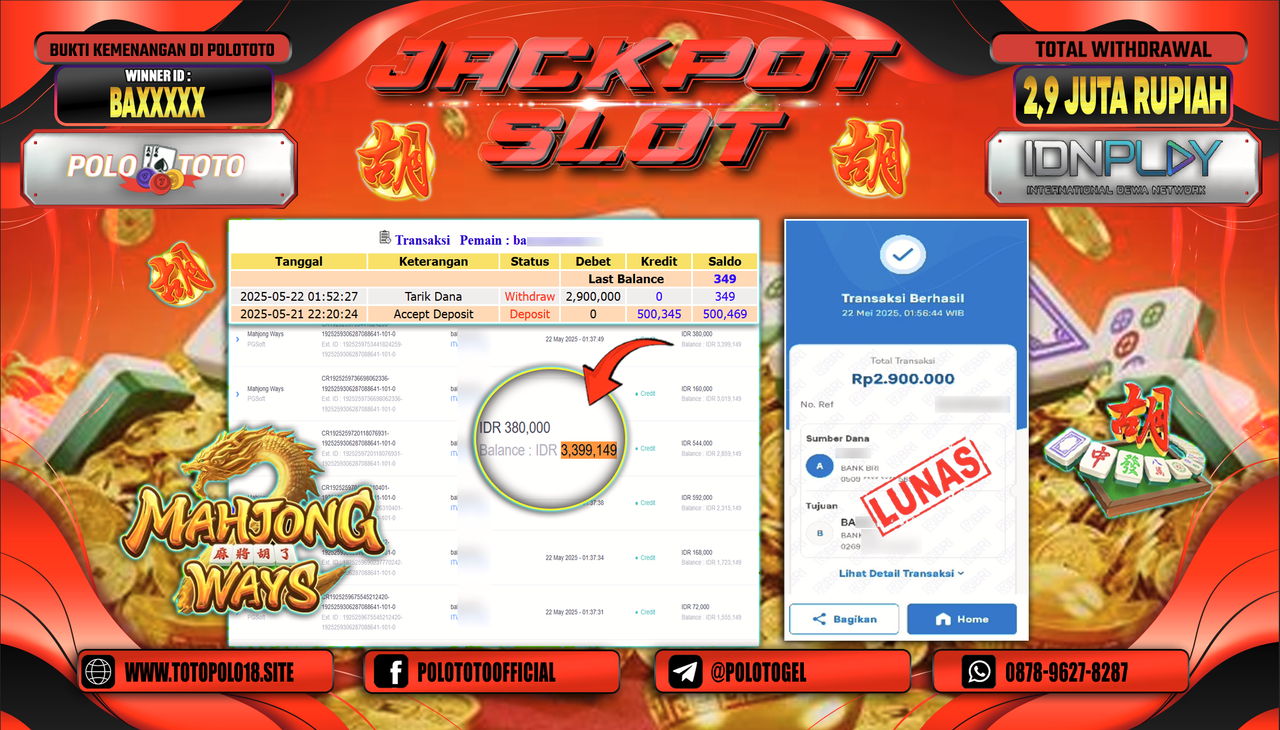 POLOTOTO JACKPOT SLOT MAHJONG WAYS 2 Rp.2.900.000,-