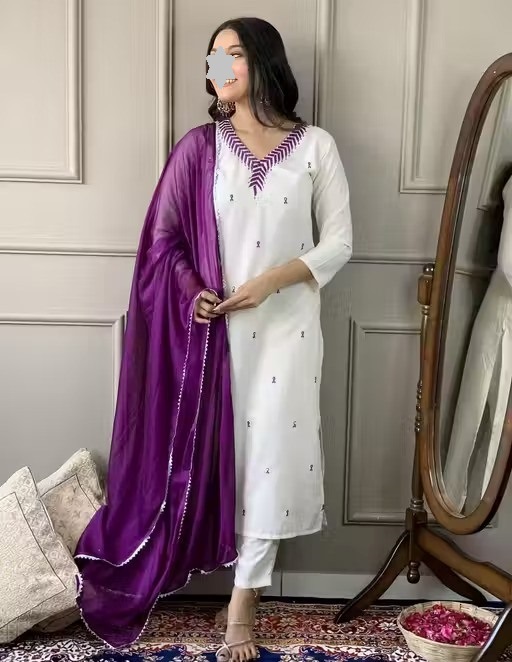 Women Embroidered Straight Kurta with Pants & Dupatta Set For Girls And Women (cream ) Color 1 (KS136)