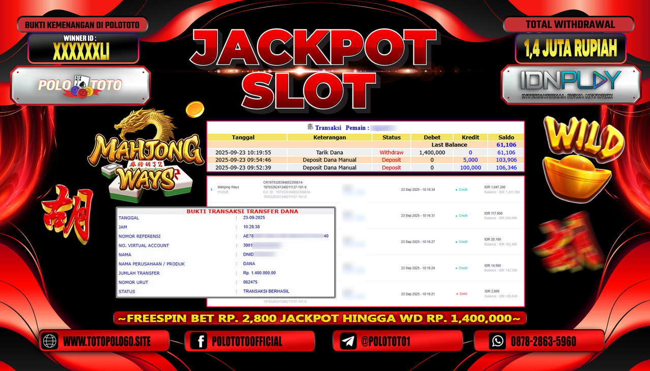 POLOTOTO JACKPOT SLOT MAHJONG WAYS Rp.1.400.000,- LUNAS