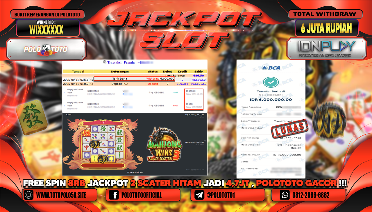 POLOTOTO JACKPOT SLOT MAHJONG WINS 3-BLACK SCATTER Rp.6.000.000,-