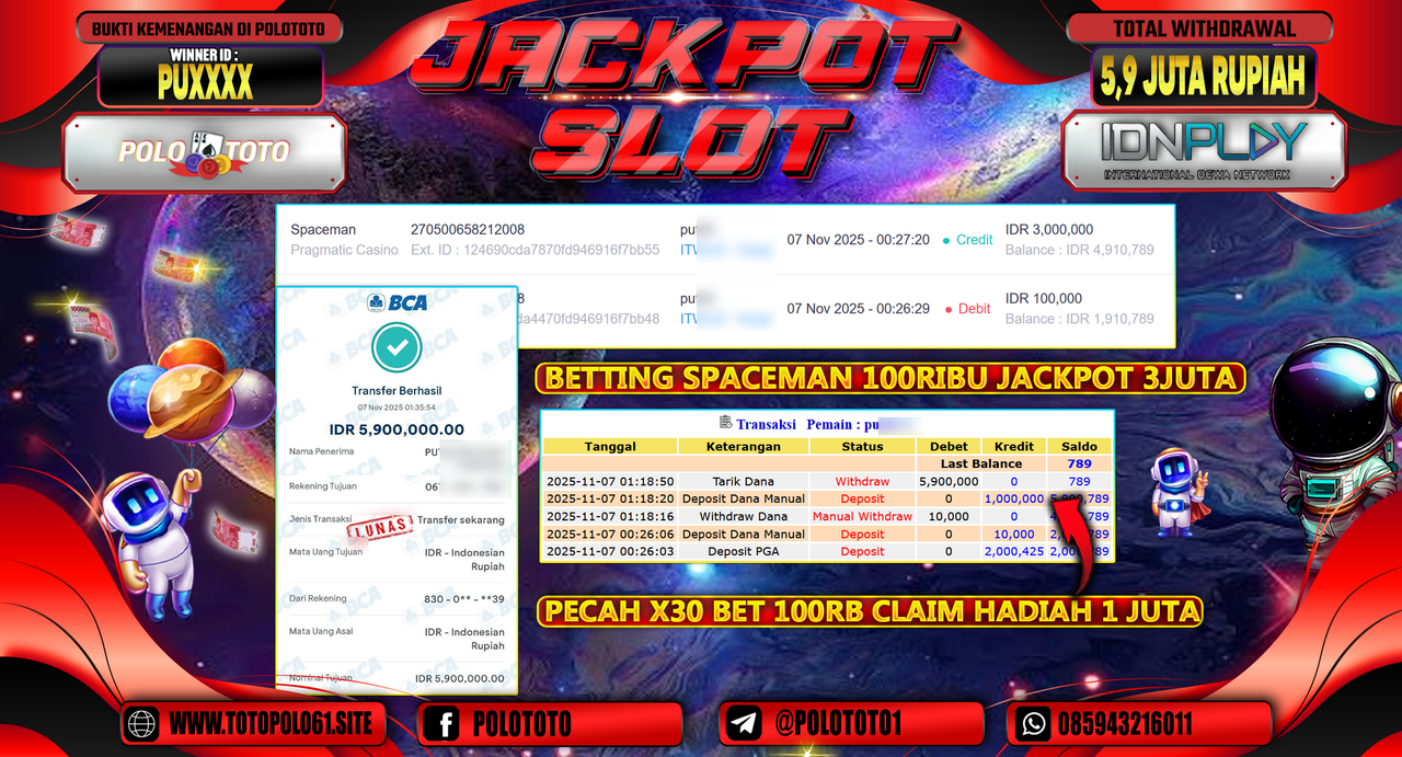 POLOTOTO JACKPOT SLOT SPACEMAN Rp.5.900.000,- LUNAS