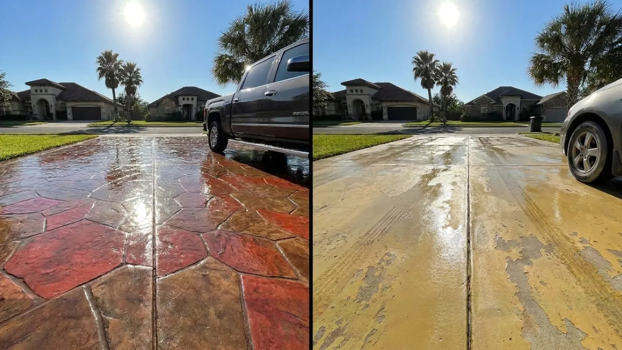 Stained concrete driveway in San Antonio, TX with a UV-resistant, vehicle-rated sealer applied in thin even coats — glossy finish that protects the color from Texas sun and hot tire damage