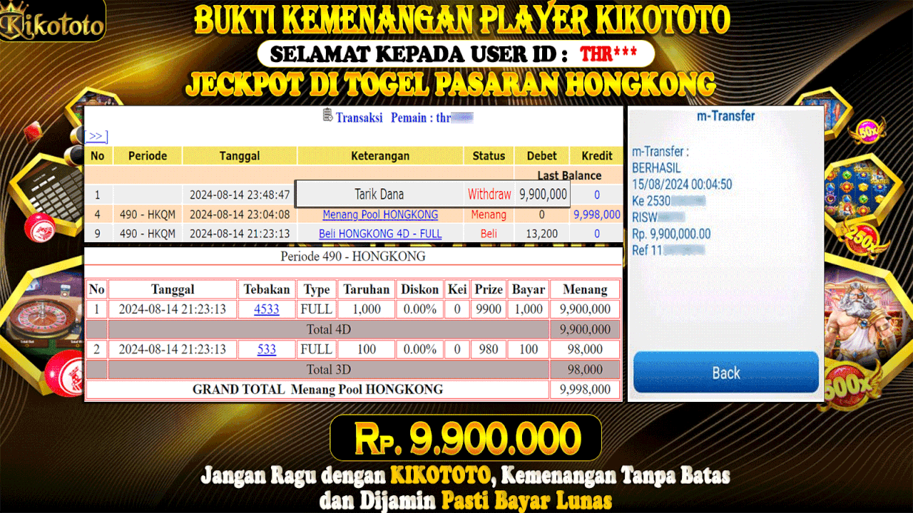 JECKPOT !! MODAL KECIL DAPAT MENANG BESAR DI TOGEL PASARAN HONGKONG SEBESAR Rp 9,900,000 LANGSUNG DAN TANPA BASA BASI DI BAYAR KIKOTOTO !!!