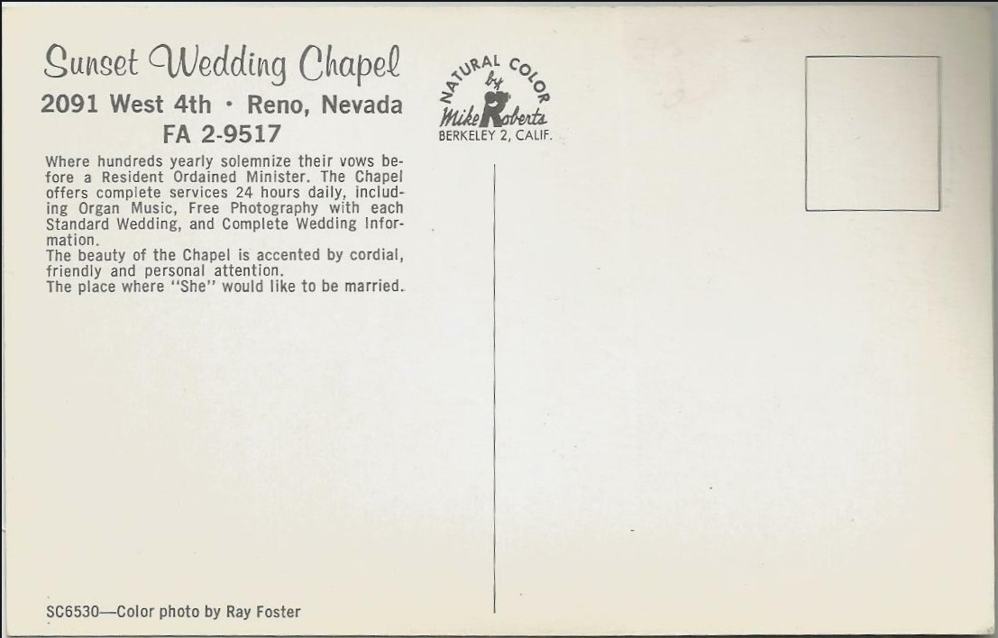 THe back of the postcard of Sunset Wedding Chapel in Reno, Nevada