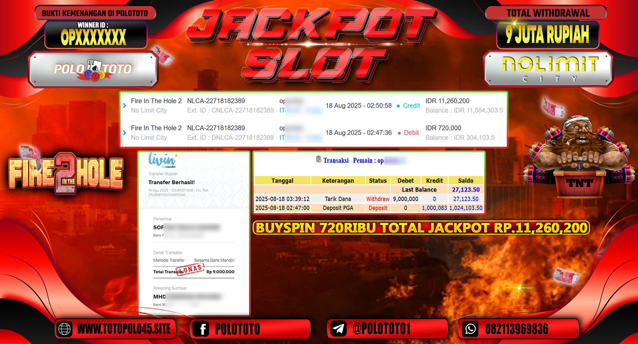 POLOTOTO JACKPOT SLOT FIRE IN THE HOLE 2 Rp.9.000.000,-
