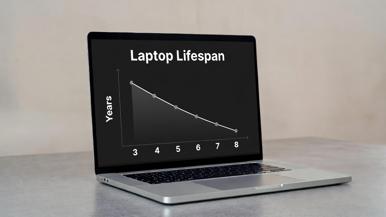 Laptop on desk showing years of lifespan from 3 to 8 years illustrated
