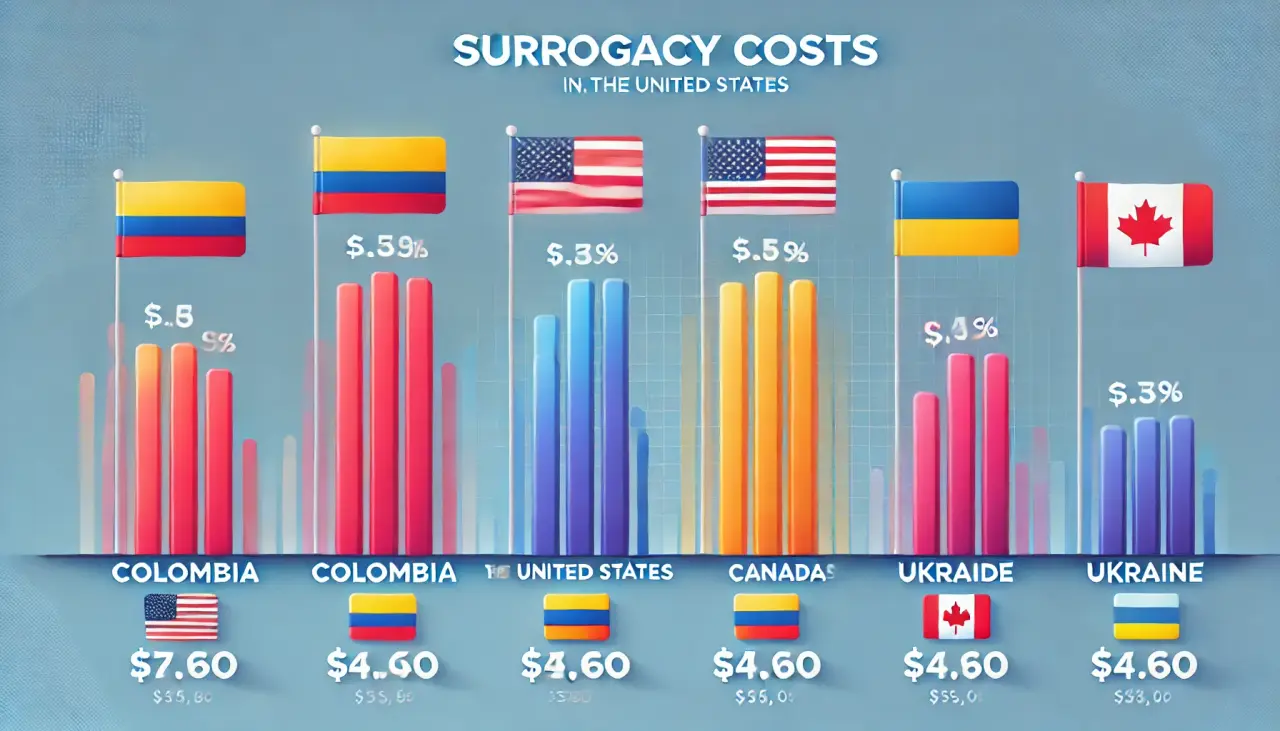 Bar chart comparing surrogacy costs in Colombia with the United States, Canada, and Ukraine.