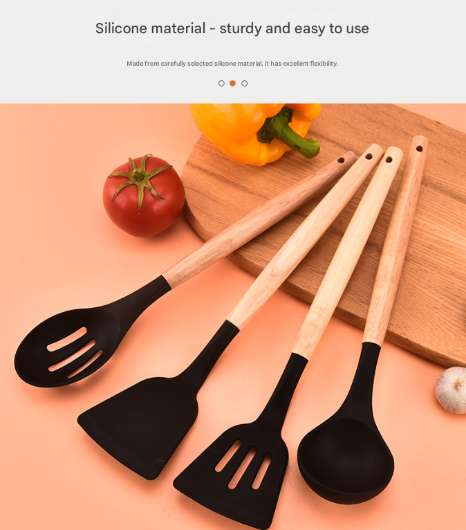 12-Piece Red Heat-Resistant Silicone Cooking Utensils with Wooden Handles and Box - Non-Stick Scratch-Free Kitchen Tool Kit