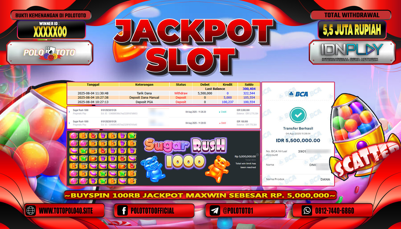 POLOTOTO JACKPOT SLOT SUGAR RUSH 1000 Rp.5.500.000,-LUNAS