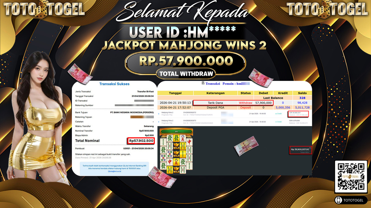 Bukti Pembayaran Jackpot Permainan Slot Mahjong Wins 2 ID:HM*****LUNAS