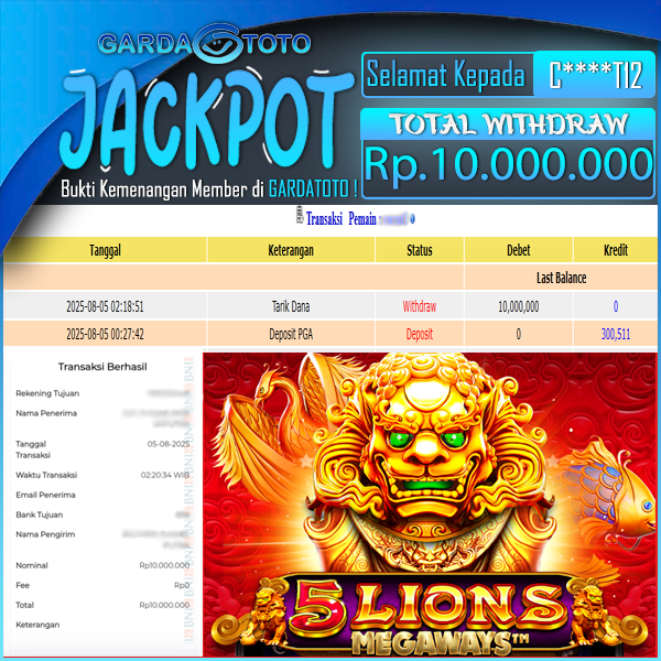 JACKPOT MAIN DI SLOT 5 LIONS MEGAWAYS WD Rp 10,000,000,- DIBAYAR LUNAS GARDATOTO MANTAP!
