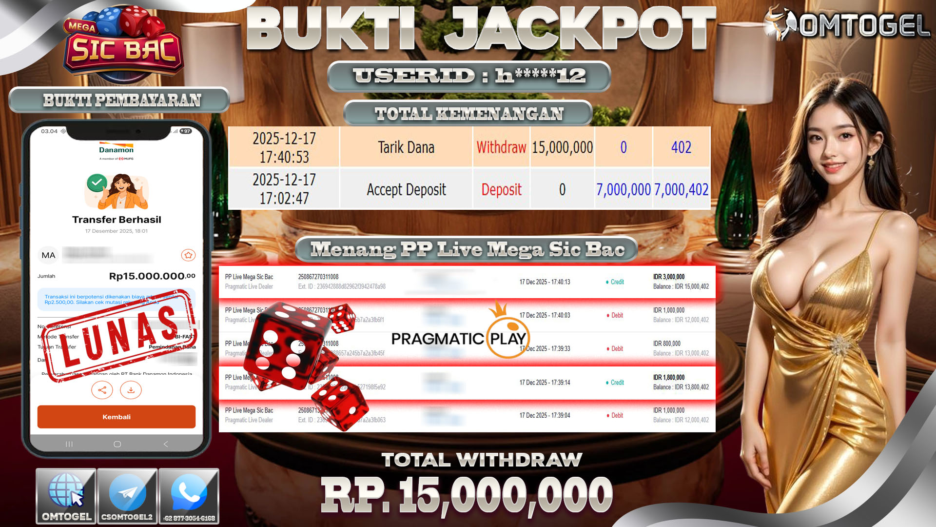 OMTOGEL JACKPOT PRAGMATIC LIVE DEALER PP LIVE MEGA SIC BAC ,15 JUTA DI BAYAR LUNAS ,-