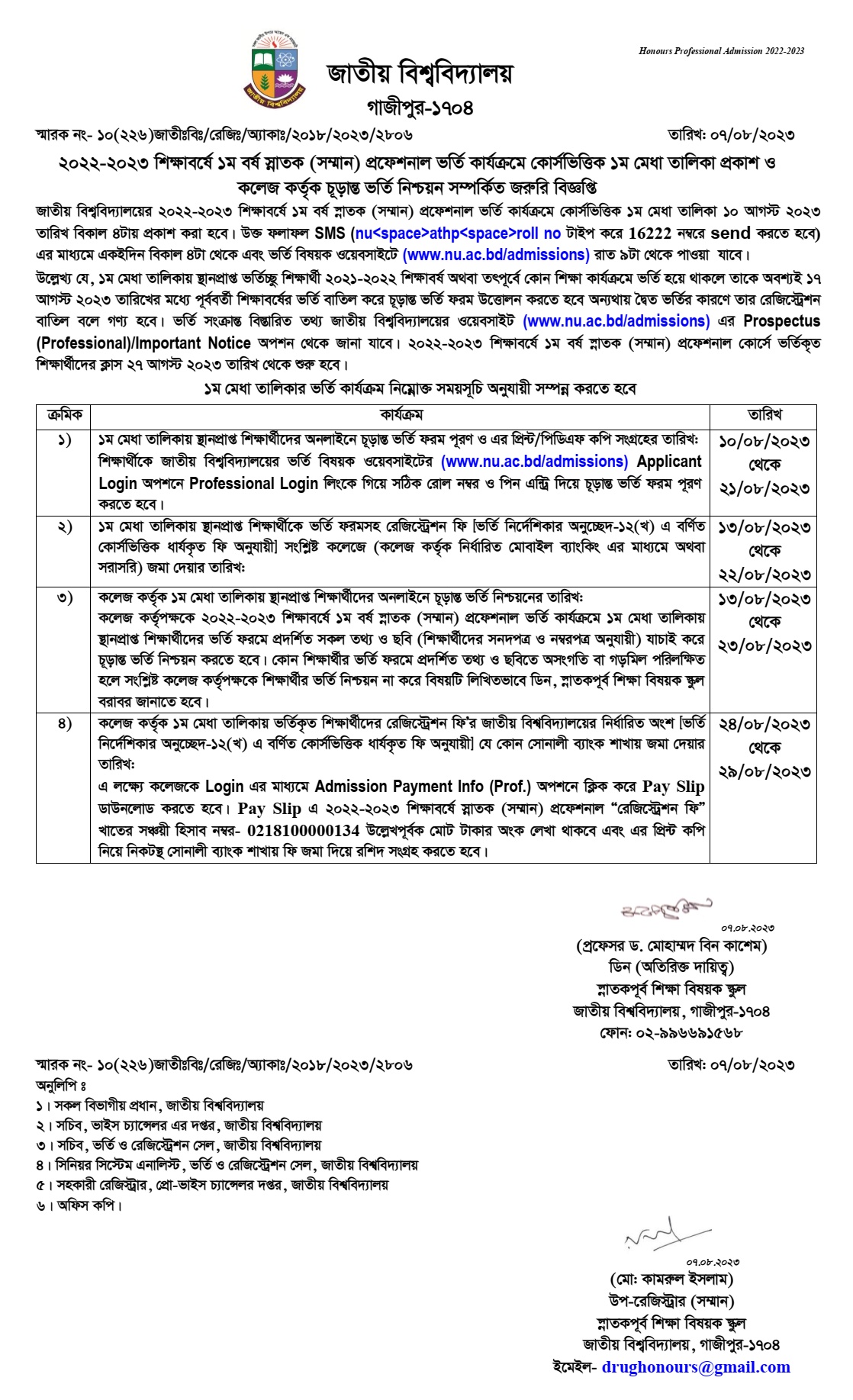 অনার্স প্রফেশনাল ভর্তির রেজাল্ট ২০২৩