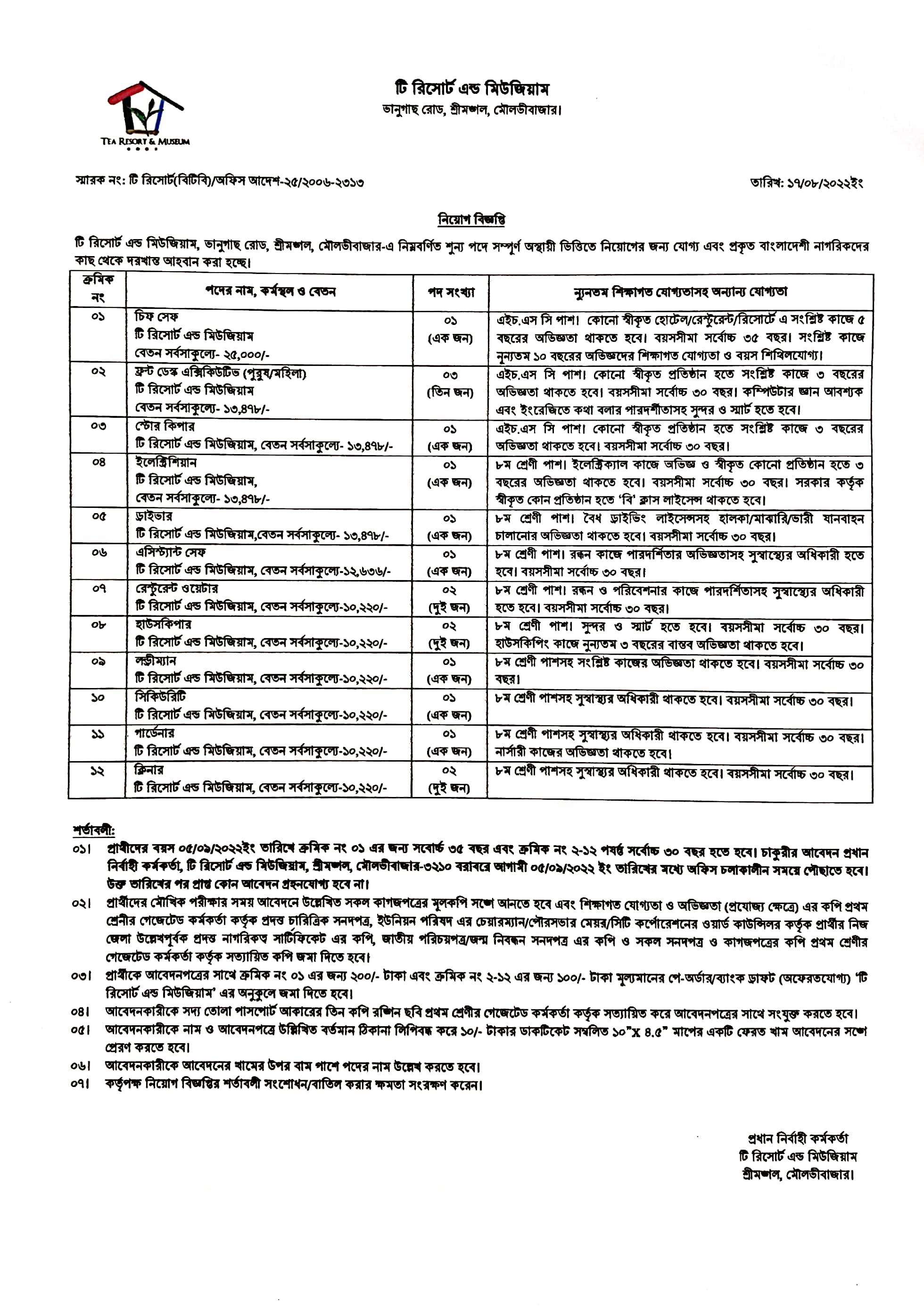 শ্রীমঙ্গল টি রিসোর্ট এন্ড মিউজিয়াম নিয়োগ বিজ্ঞপ্তি ২০২৩
