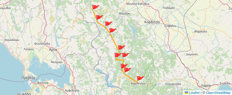A map showing the planned route with a red flag on each of the places I planned to visit.