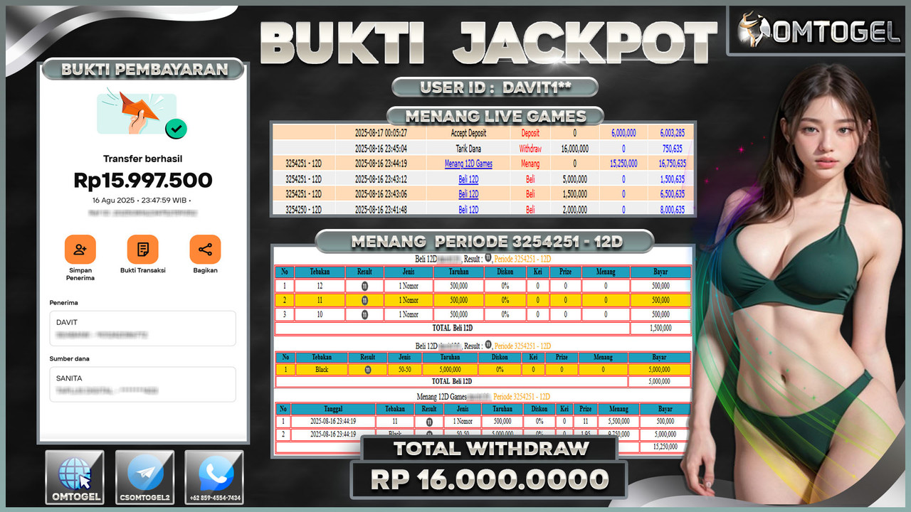 OMTOGEL JACKPOT LIVE GAMES 12D 16 JUTA DI BAYAR LUNAS ,-