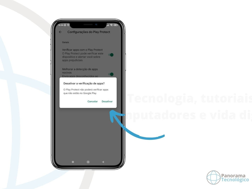 Print da tela de um smartphone mostrando o alerta de confirmação para desativar o Google Play Protect