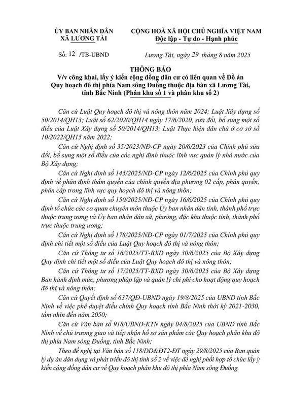 UBND xa Luong Tai 01 Bắc Ninh: xã Lương Tài lấy ý kiến người dân về Đồ án Quy hoạch đô thị phía Nam sông Đuống (phân khu 1 & 2)