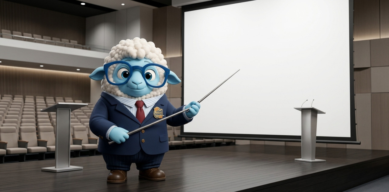sheep wearing a formal jacket with a small logo pin on the lapel, standing on a stage