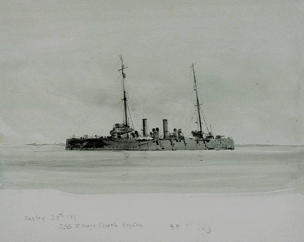 Pegasus у берега Занзибара после боя с немецким крейсером Кенигсберг, 20 сентября 1914, зисунок Уиль