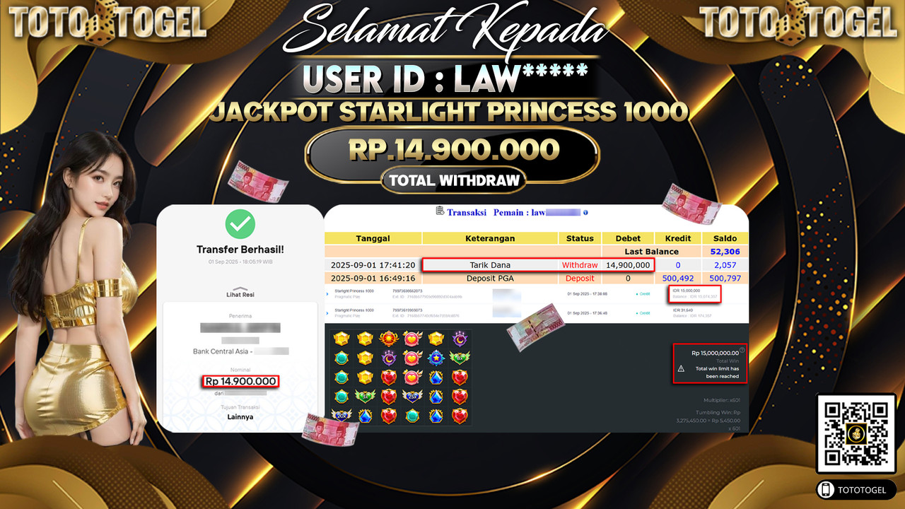 Bukti Pembayaran Jackpot Permainan Slot Starlight Princess 1000 ID:LAW***** LUNAS